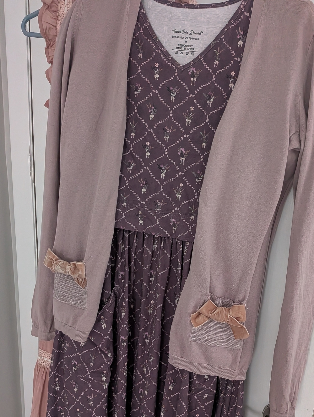 CAbi Cotton Bow Cardigan Dusty Mauve Purple M